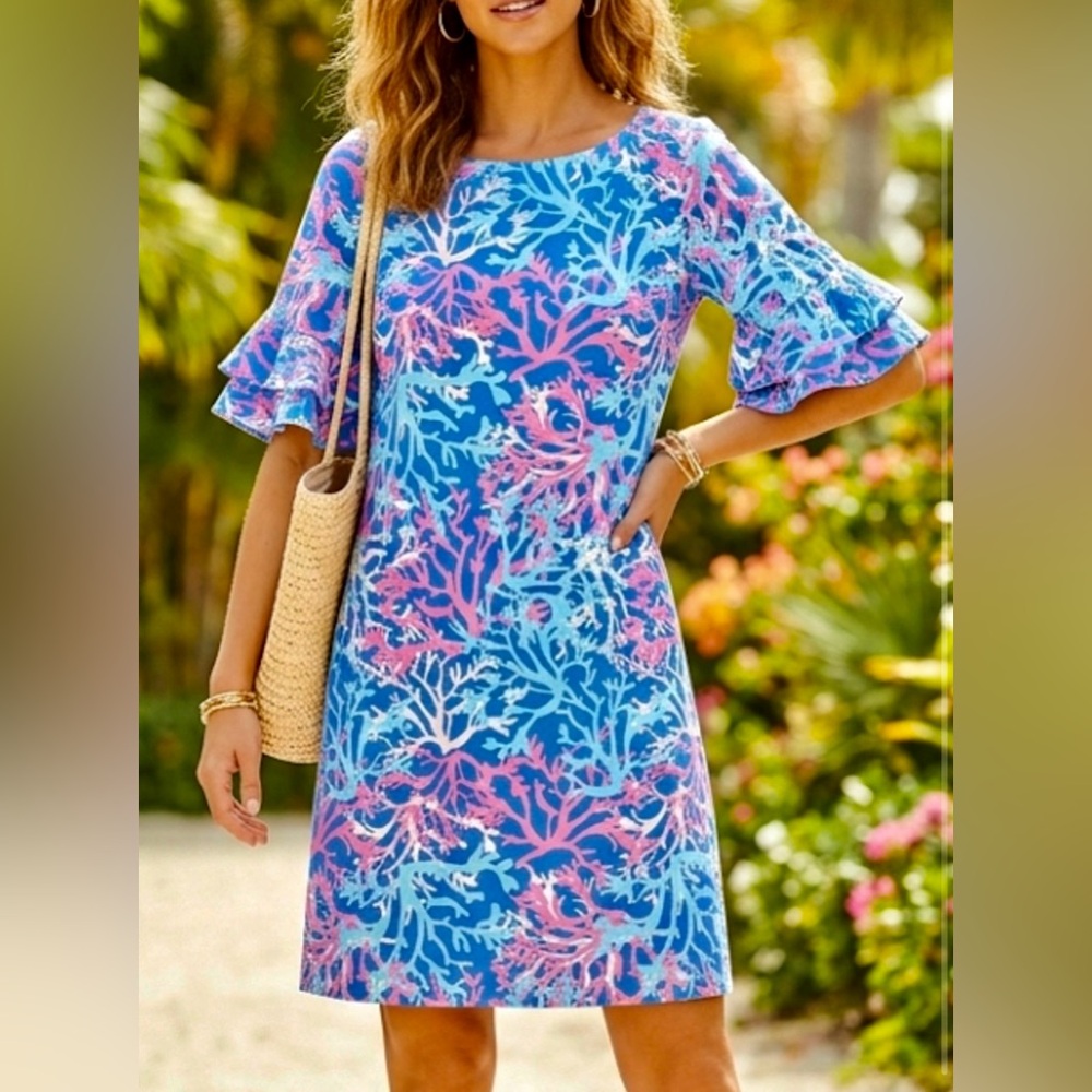 Pappagallo Blue Pink Coral Reef Print Ruffle Bell Sleeve Shift Dress Womens‎ S